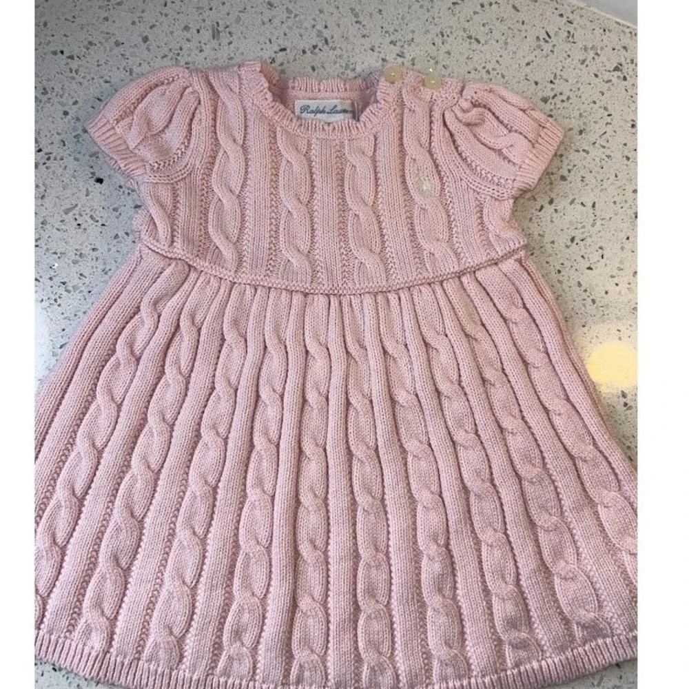 Ralph Lauren Baby‎ Girls Pink Cable Knit Sweater Dress Short Sleeve 6M Pony Logo